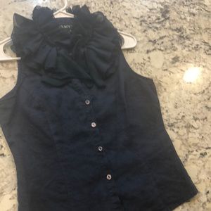 Navy ruffled button front linen top